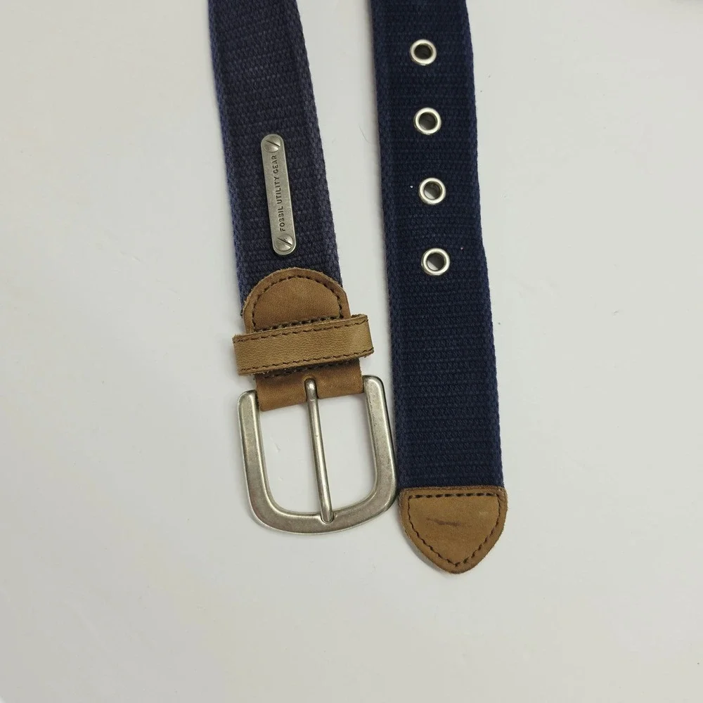 Fossil Utility Gear Mens Navy Blue Canvas Web Belt Leather Trim Size 38
